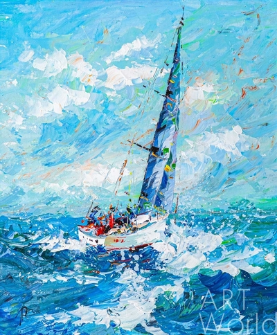 картина масло холст Картина маслом "Яхта в синем море, в белой пене", Родригес Хосе, LegacyArt Артворлд.ру