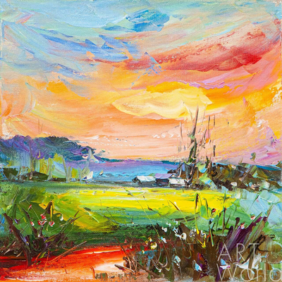 картина масло холст Пейзаж маслом "Закат солнца над полем и деревней", Родригес Хосе, LegacyArt Артворлд.ру