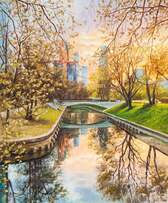 Картина маслом "Весенний закат в парке. Вид на Москва-Сити" Артворлд.ру