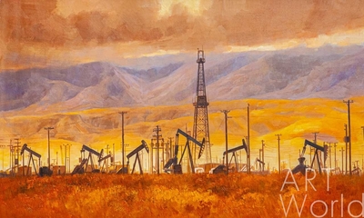 картина масло холст Картина маслом "Нефтяные вышки на фоне гор", Камский Савелий, LegacyArt Артворлд.ру