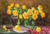 картина масло холст Картина маслом "Натюрморт с жёлтыми розами, грушей и вином", Виверс Кристина, LegacyArt Артворлд.ру