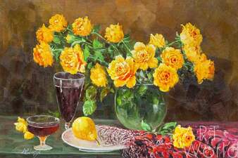 Картина маслом "Натюрморт с жёлтыми розами, грушей и вином" Артворлд.ру