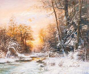 Картина маслом "В лучах зимнего солнца у ручья"  Артворлд.ру