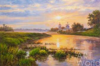 Пейзаж маслом "Встречая рассвет на реке" Артворлд.ру