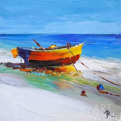 картина масло холст Картина маслом "Оранжевая лодка на берегу", Родригес Хосе, LegacyArt Артворлд.ру