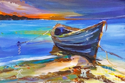 картина масло холст Картина маслом "Синяя лодка на берегу океана", Родригес Хосе, LegacyArt Артворлд.ру