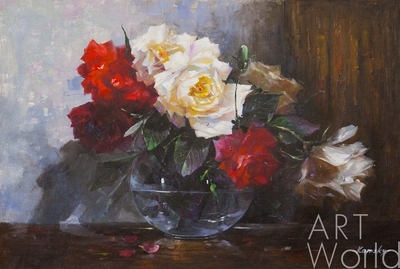 картина масло холст Натюрморт маслом "Букет красных и белых роз", Камский Савелий, LegacyArt