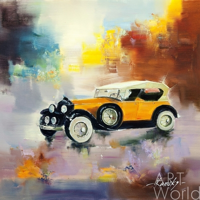 картина масло холст Картина маслом "Ретро-автомобиль на фоне города N2", Камский Савелий, LegacyArt