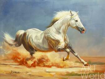 Картина маслом "Белый конь. Быстрее ветра" Артворлд.ру
