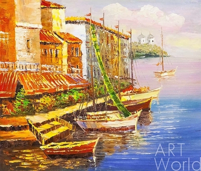 картина масло холст Средиземноморский маслом "Лодки у набережной N2", Картины в интерьер, LegacyArt