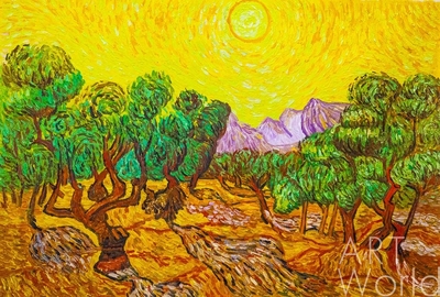 картина масло холст Копия картины Ван Гога "Оливковые деревья с желтым небом и солнцем", 1889 г. (копия Анджея Влодарчика), Ван Гог (Vincent van Gogh)