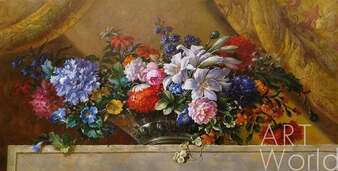 Копия картины Жана-Батиста Моннойера "Цветы в стеклянной вазе на мраморном выступе", художник С. Камский Артворлд.ру