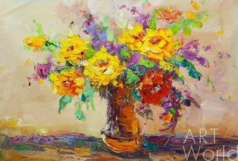 Картина маслом "Разноцветный букет с желтыми розами N2" Артворлд.ру