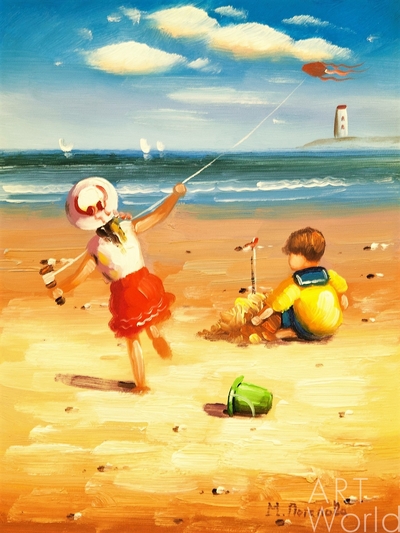 картина масло холст Дети на пляже. За красным бумажным змеем (NP5), Потапова Мария Артворлд.ру