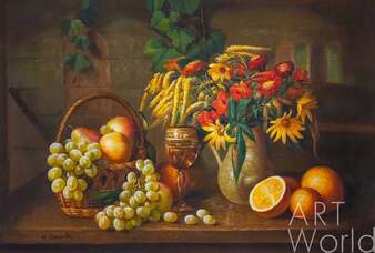 Картина маслом "Натюрморт с осенними цветами, виноградом и апельсинами" Артворлд.ру