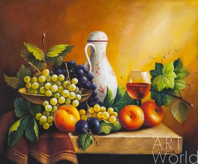 картина масло холст Картина маслом "Натюрморт с виноградом, яблоками и сливой", Потапова Мария Артворлд.ру