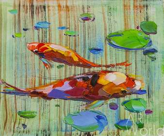 Картина маслом "Карпы Кои. Японская золотая рыбка на удачу N14" Артворлд.ру
