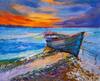 картина масло холст Картина маслом "Синяя лодка на берегу океана. Закат" , Венгер Даниэль Артворлд.ру