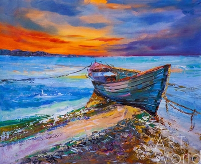 картина масло холст Картина маслом "Синяя лодка на берегу океана. Закат" , Родригес Хосе, LegacyArt Артворлд.ру