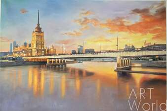 Картина маслом "Пламенный закат. Вид на гостиницу "Украина" Артворлд.ру