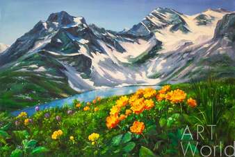 Летний пейзаж маслом "Цветы и горы, горы и цветы N3" Артворлд.ру