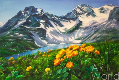 картина масло холст Летний пейзаж маслом "Цветы и горы, горы и цветы N3", Ромм Александр, LegacyArt