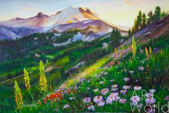Летний пейзаж маслом "Цветы и горы, горы и цветы N4" Артворлд.ру