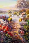 картина масло холст Картина маслом "Цветущий сад на фоне озера N2", Ромм Александр, LegacyArt Артворлд.ру