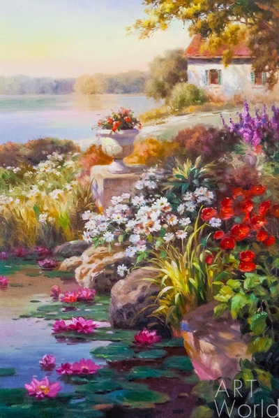 картина масло холст Картина маслом "Цветущий сад на фоне озера", Камский Савелий, LegacyArt Артворлд.ру