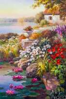 Картина маслом "Цветущий сад на фоне озера" Артворлд.ру