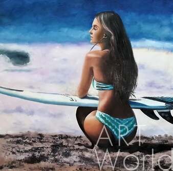 Картина маслом "Девушка с доской для серфинга" Артворлд.ру