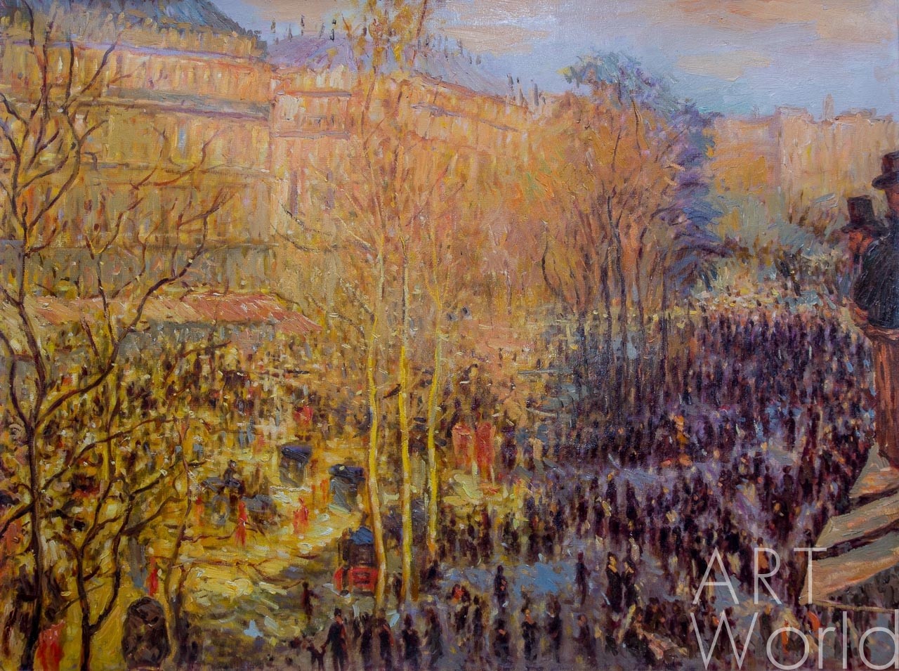 картина масло холст Копия картины Клода Моне "Бульвар Капуцинок в Париже (Boulevard des Capucines)", 1873 г. (худ. Савелия Камского), Моне Клод (Oscar-Claude Monet) Артворлд.ру