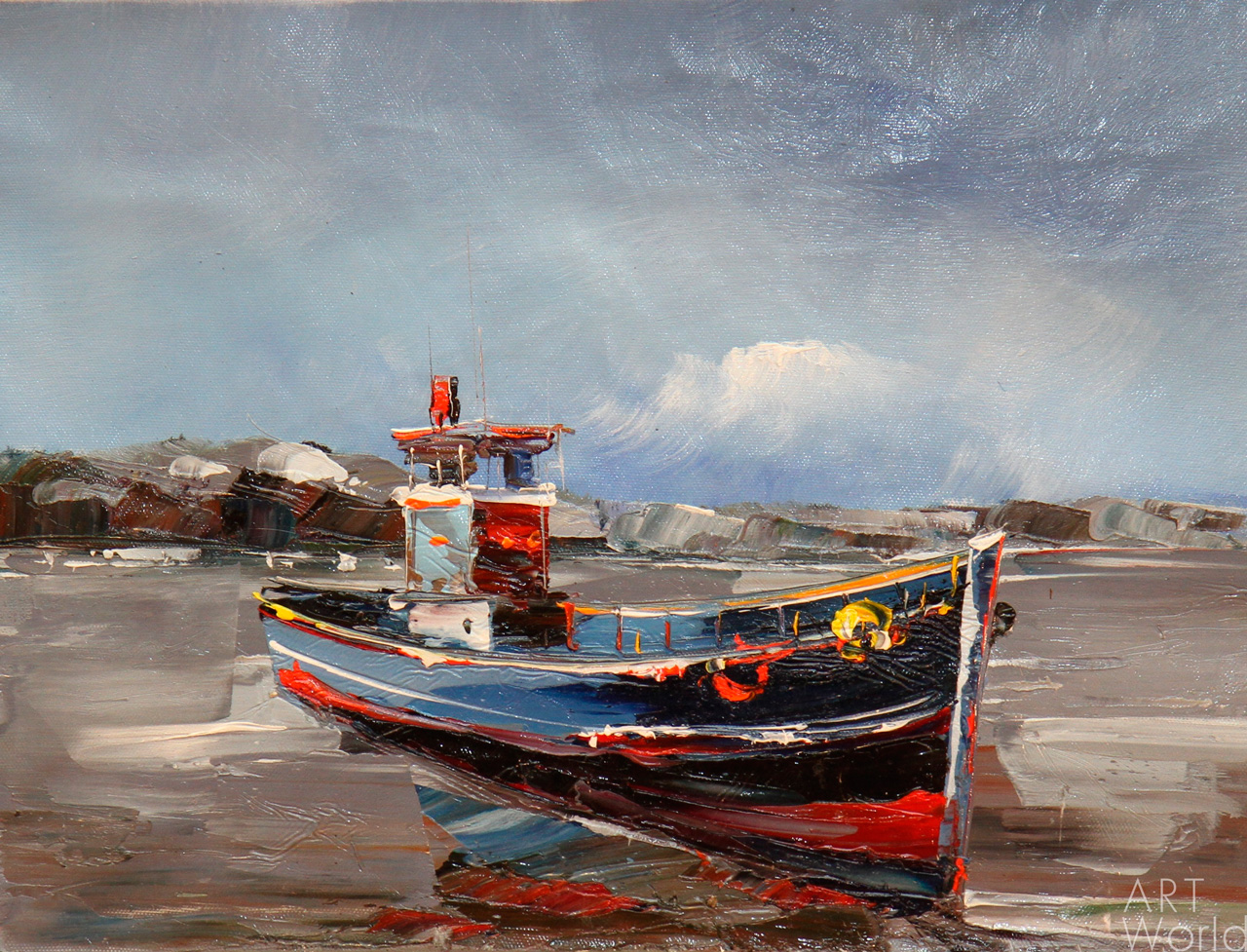 картина масло холст Синяя лодка на воде, Родригес Хосе, LegacyArt