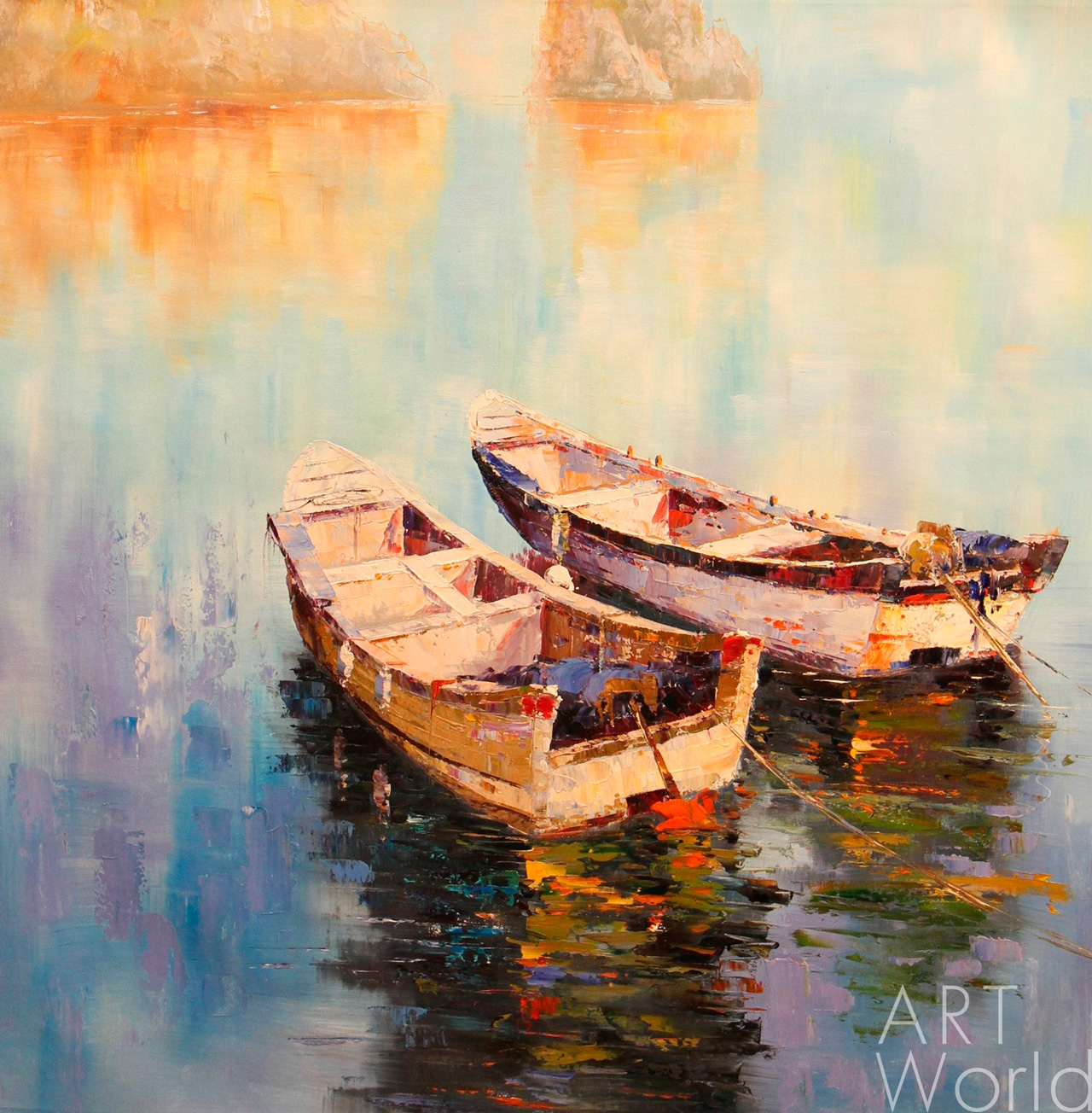 картина масло холст Белые лодки в заливе, Родригес Хосе, LegacyArt Артворлд.ру