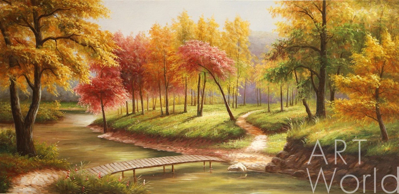 картина масло холст Красный пейзаж с мостиком, Ромм Александр, LegacyArt