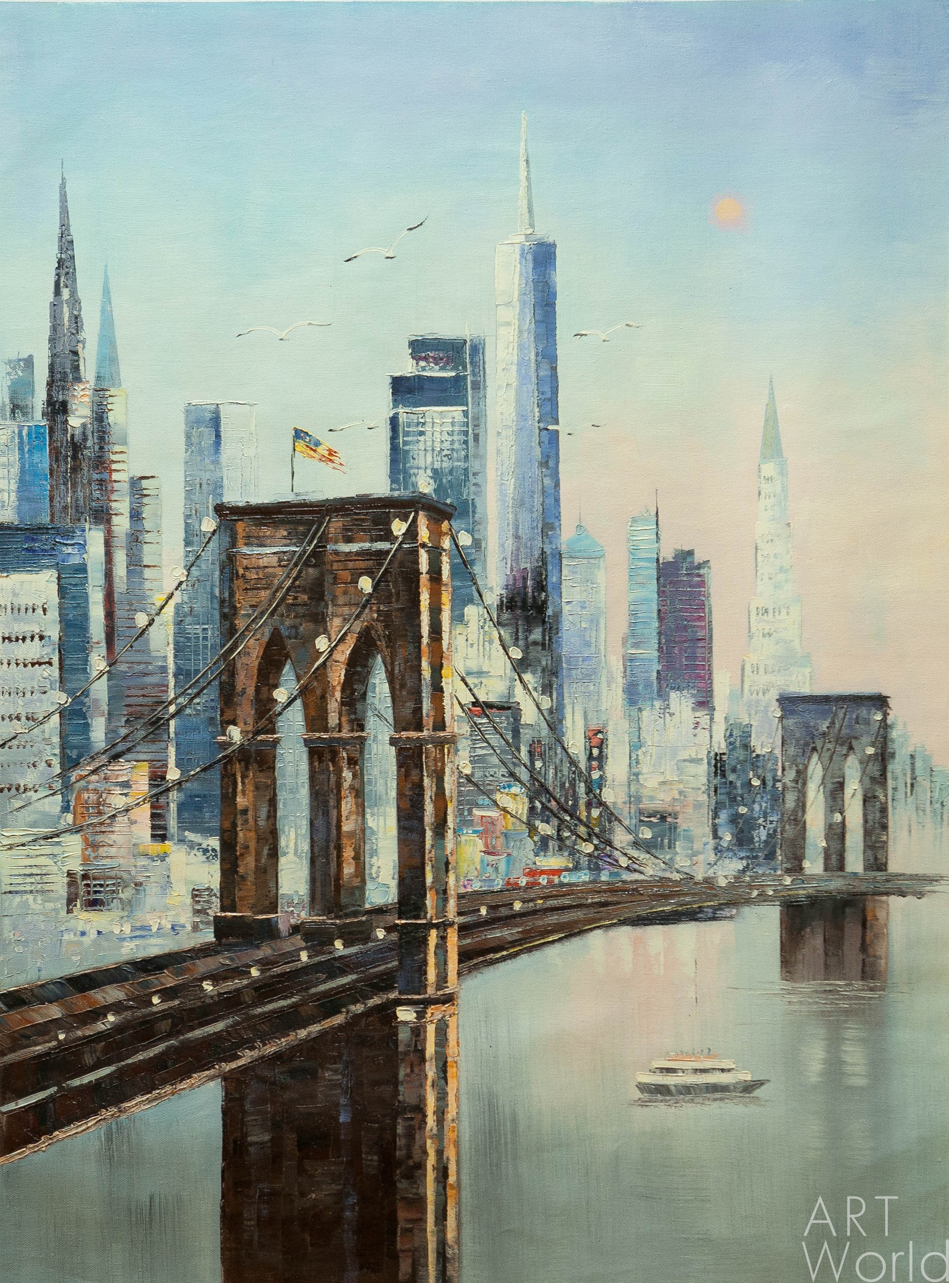 картина масло холст Картина маслом "Нью-Йорк, вид на город через Бруклинский мост", Виверс Кристина, LegacyArt Артворлд.ру